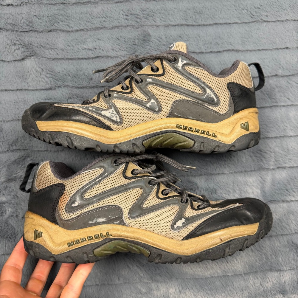 Merrell Mens 10 Tan Black Low Top Hiking Trail Shoes Rugged Utility Sneakers